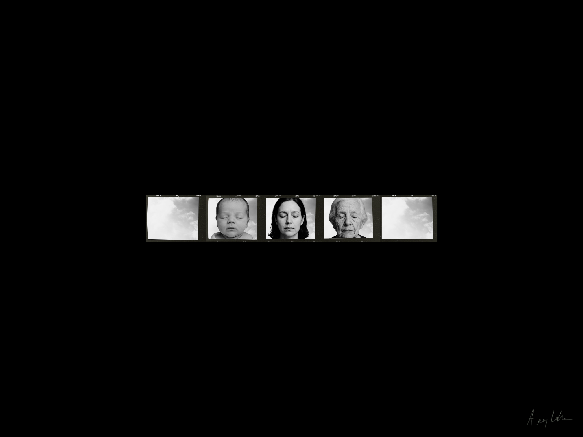 The Given Breath by Avery Lake - five black and white photographs from birth to old age on a dark field, tracing the invisible thread of breath across a lifetime.