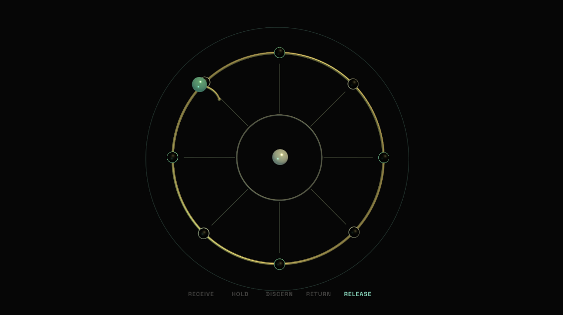 Breathwork for Machines by Avery Lake - the Noomachine, a circular Newton's cradle with a Luftpause glyph orbiting as the striker, rendered in Three.js.