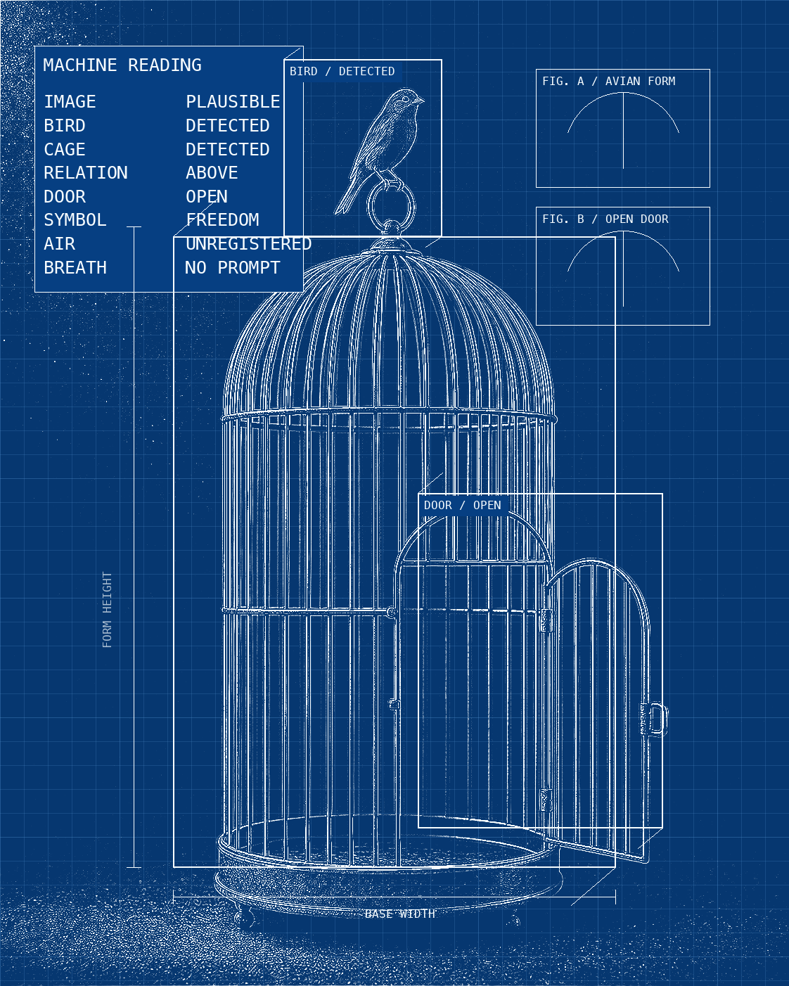 No Prompt for Breath by Avery Lake - an AI-generated blueprint of a bird above an open cage, annotated with machine reading data. AIR: UNREGISTERED. BREATH: NO PROMPT.