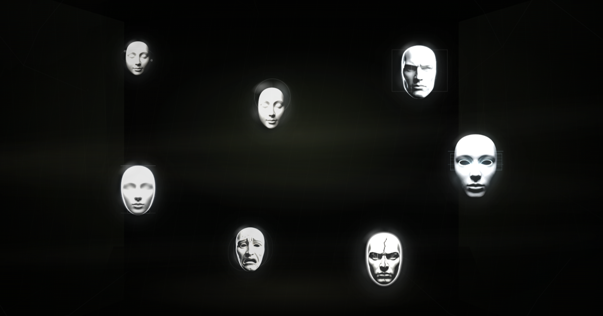 Pneuma by Avery Lake - seven white masks floating in darkness, each representing a constructed identity to be set down.